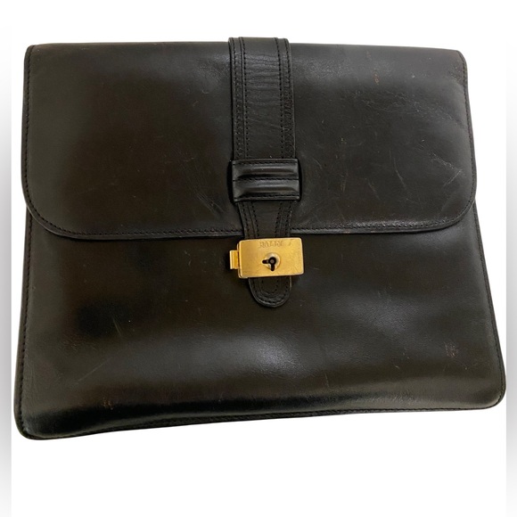 Bally Black and Gold Leather Wristlet Clutch with Elegant Clasp